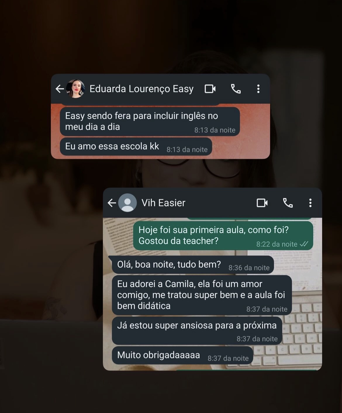 Mensagens reais de alunas no Easy Group via WhatsApp